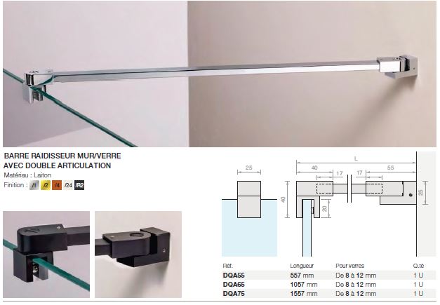 Barre raidisseur mur/verre avec double articulation, pour verres 8/12, L1057  Chromé