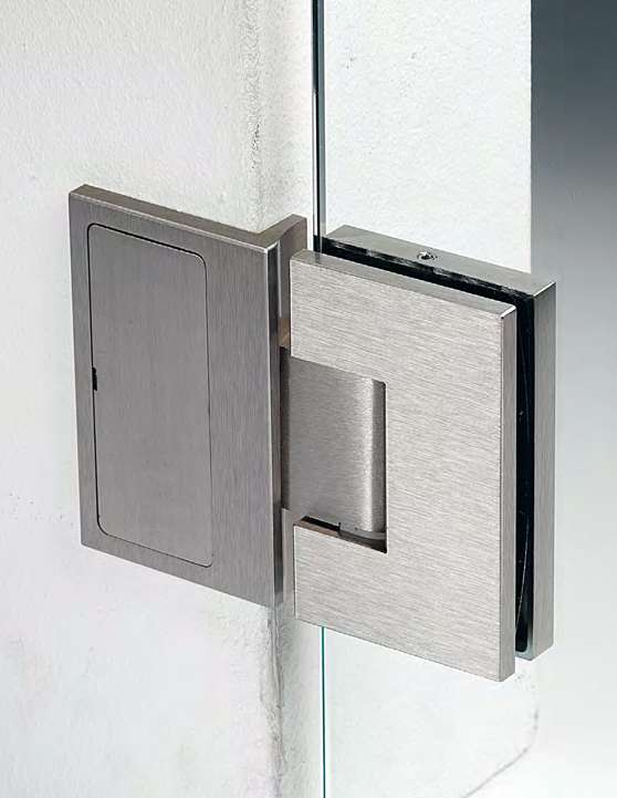 Charnière mur/verre en ligne réglable sans vis apparentes, pour verres 6/8, B50 H80  Effet inox brossé