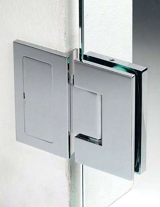 Charnière mur/verre en ligne réglable sans vis apparentes, pour verres 8/12, B55 H90  Chromé