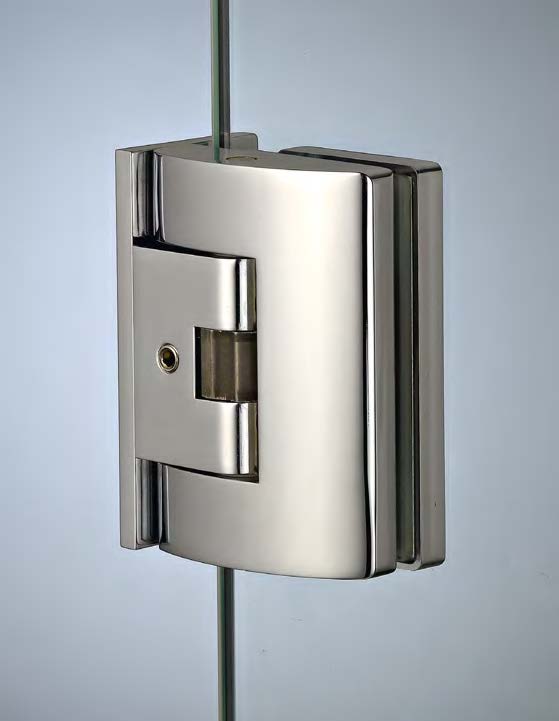 Charnière mur/verre latérale réglable avec ouverture à tirage, pour verres 8/10, B58 H80  Nickel brossé