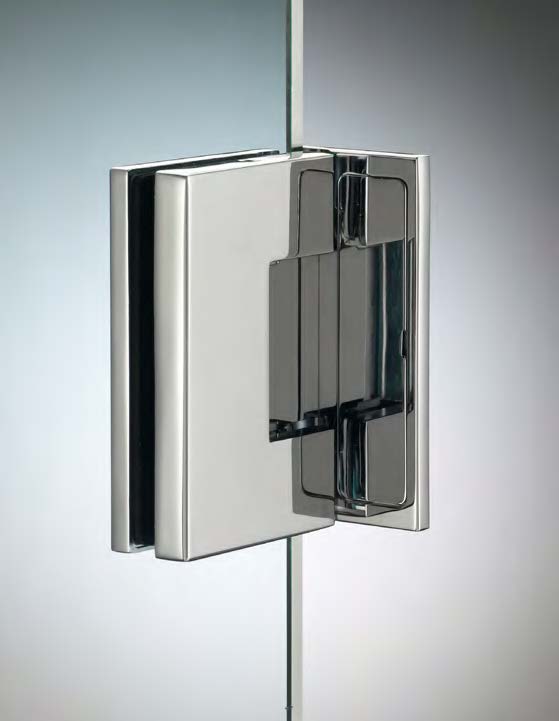 Charnière mur/verre latérale réglable sans vis apparentes, pour verres 6/8, B50 H80  Effet inox brossé