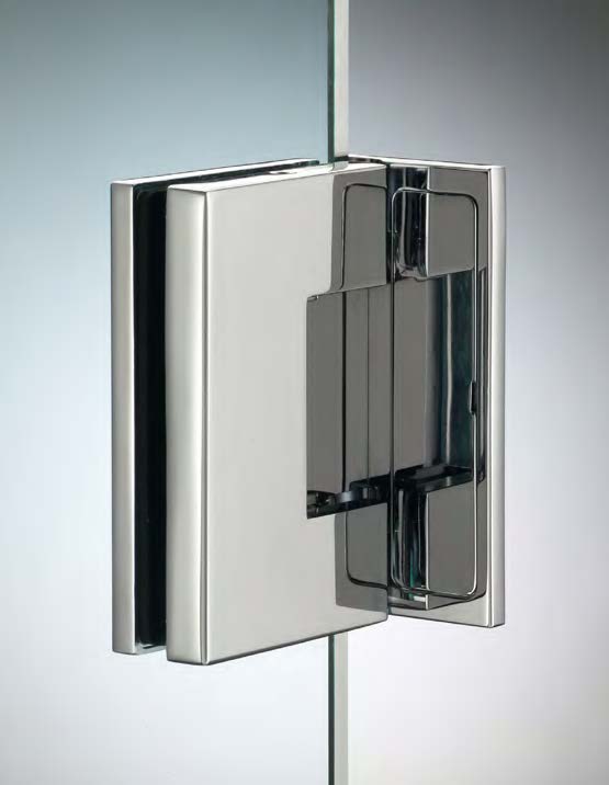 Charnière mur/verre latérale réglable sans vis apparentes, pour verres 8/12, B55 H90  Effet inox brossé