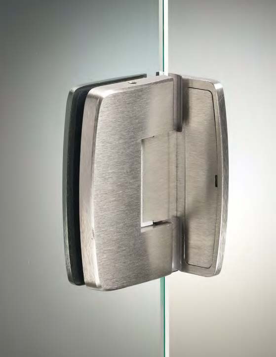 Charnière mur/verre latérale réglable sans vis apparentes, pour verres 8/12, B55 H90  Effet inox brossé