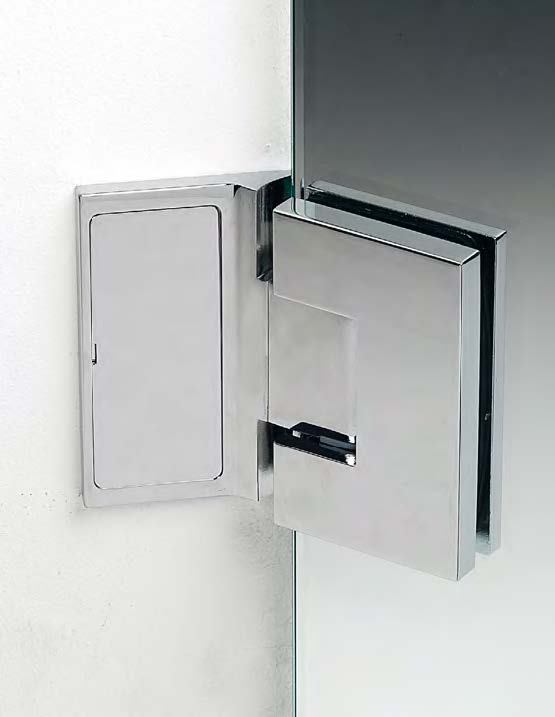 Charnière mur/verre à 135° réglable sans vis apparentes, pour verres 6/8, B50 H80  Effet inox brossé