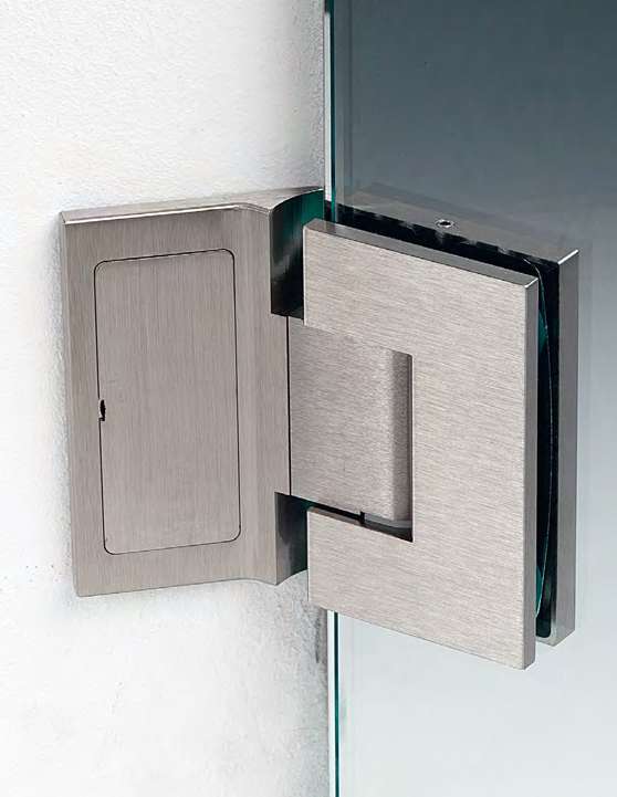 Charnière mur/verre à 135° réglable sans vis apparentes, pour verres 8/12, B55 H90  Effet inox brossé