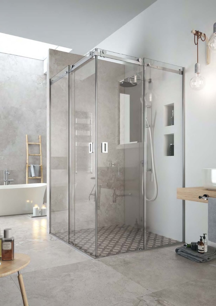 Kit douche coulissant mur/angle/mur avec profil d’encadrement pour verres fixes, pour verres 8  Inox brossé