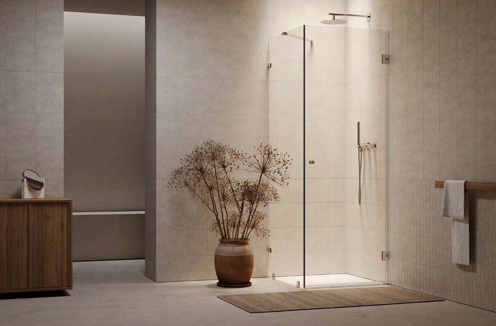 Kit douche porte battante d’angle mur/mur avec verre fixe et pinces, pour verres 8/10  Chromé