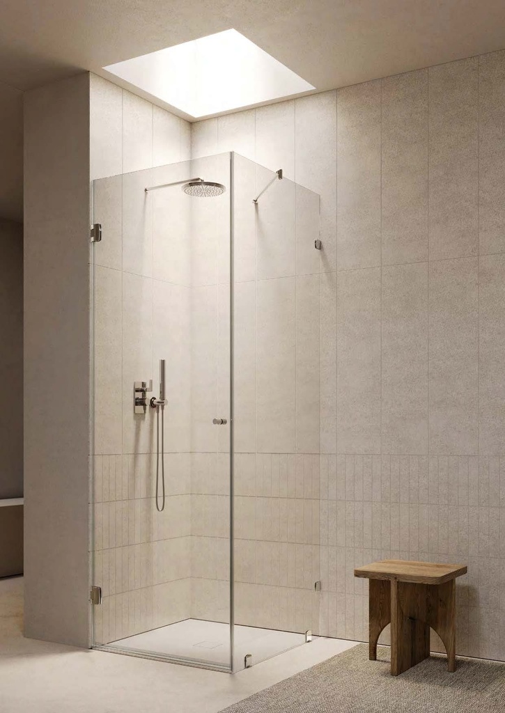 Kit douche porte battante d’angle mur/mur avec verre fixe, pinces et charnière CHD10COV, pour verres 6/8  Effet inox brossé