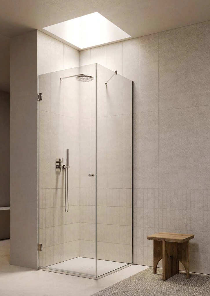 Kit douche porte battante d’angle mur/mur avec verre fixe, profils et charnière CHD10COV, pour verres 6/8  Effet inox brossé
