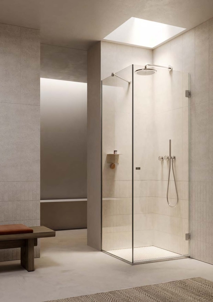 Kit douche porte battante d’angle mur/mur avec verre fixe, profils et charnières DQ40COV, pour verres 8/10  Effet inox brossé