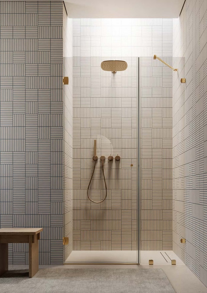 Kit douche porte battante mur/mur avec verre fixe, pinces et charnières CHD10COV, pour verres 6/8  Or