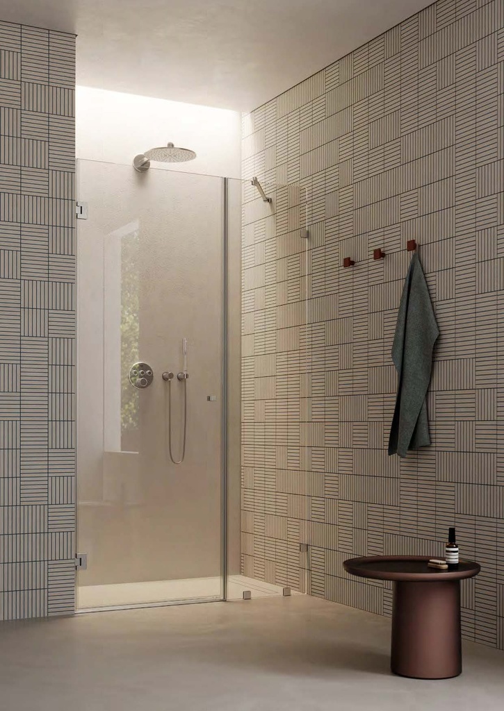 Kit douche porte battante mur/mur avec verre fixe, pinces et charnières DQ30COV, pour verres 6/8  Effet inox brossé