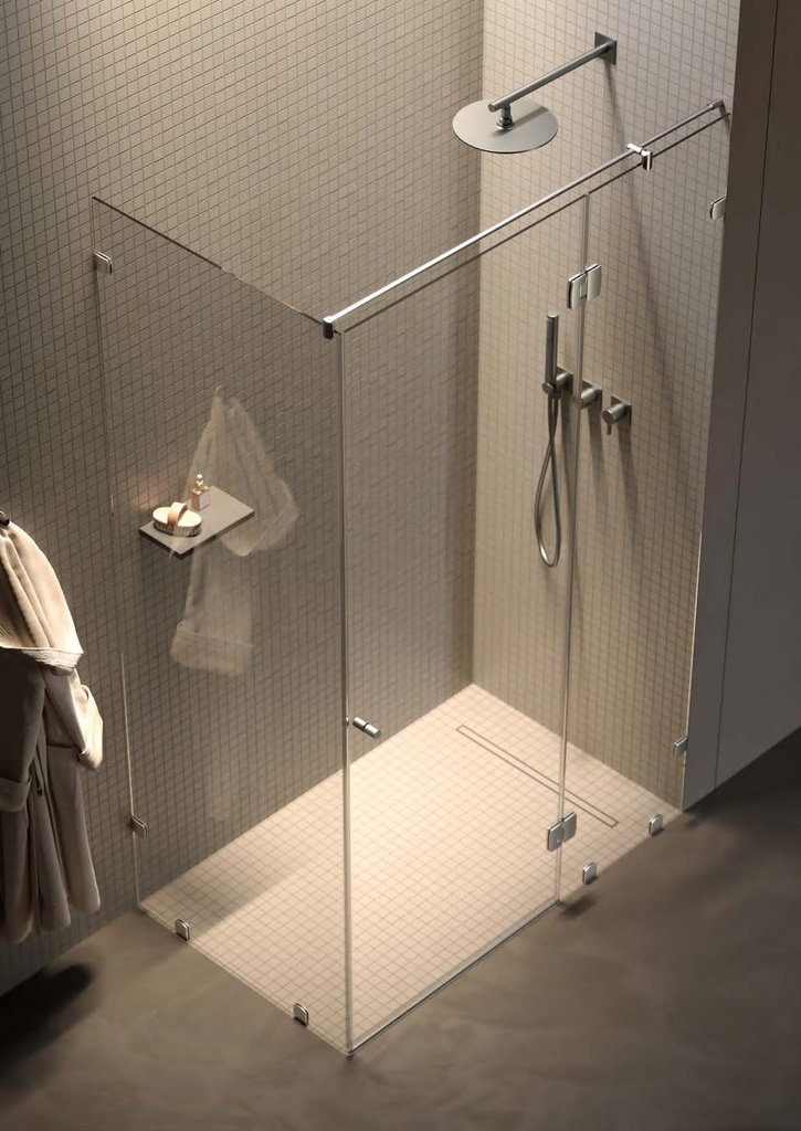 Kit douche porte battante mur/verre avec verre fixe, pinces et charnières CHD180, pour verres 6/8  Chromé