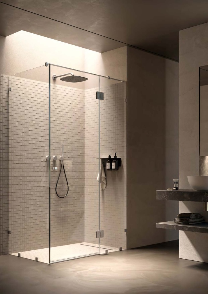 Kit douche porte battante mur/verre avec verre fixe, pinces et charnières DQ480, pour verres 8/10  Effet inox brossé