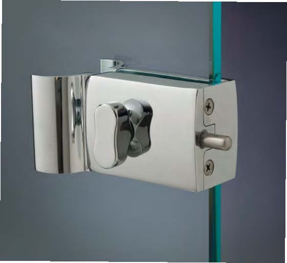 Serrure avec bouton et poignées sans perçages, pour verres 8/10, B92 H50  Effet inox brossé