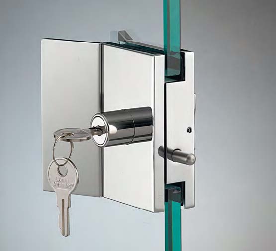 Serrure avec bouton, cylindre et poignées clé différente, pour verres 10/12, B55 H90  Effet inox brossé