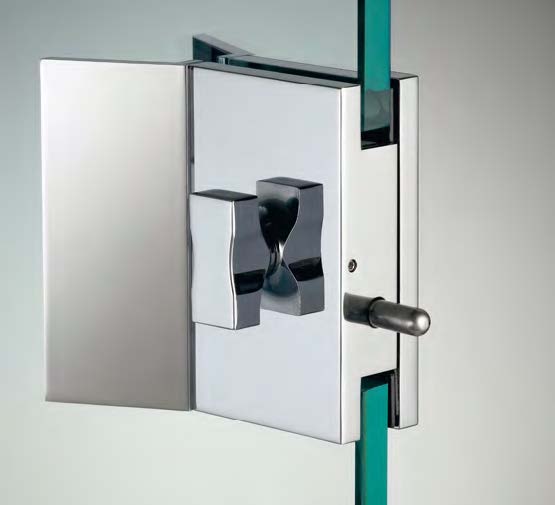 Serrure avec double bouton et poignées, pour verres 10/12, B55 H90  Effet inox brossé