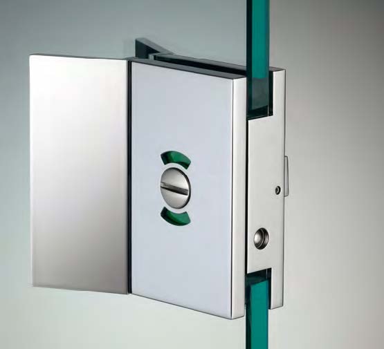 Serrure libre/occupé avec bouton et poignées, pour verres 10/12, B55 H90  Effet inox brossé