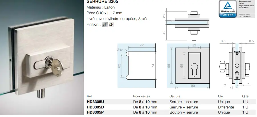 Serrure clé unique, pour verres 8/10, B32 H95 Chromé