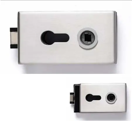 Corps serrure carrée avec trou pour cylindre européen, pour verres 8/12, B119 H65 Inox brossé