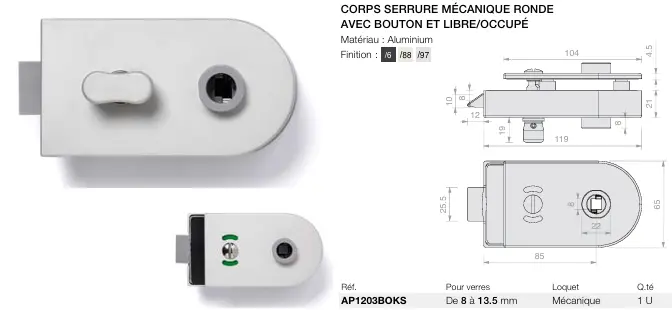 Corps de serrure mécanique arrondie libre/occupé, pour verres 8/13.5, B119 H65 Aluminium mat