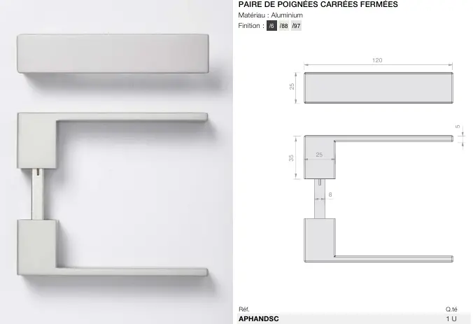 Paire de poignées carrées fermées, B120 H35 Aluminium mat