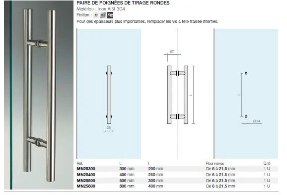 Paire de poignées de tirage rondes, pour verres 6/17,5, B25 L400 Inox brossé