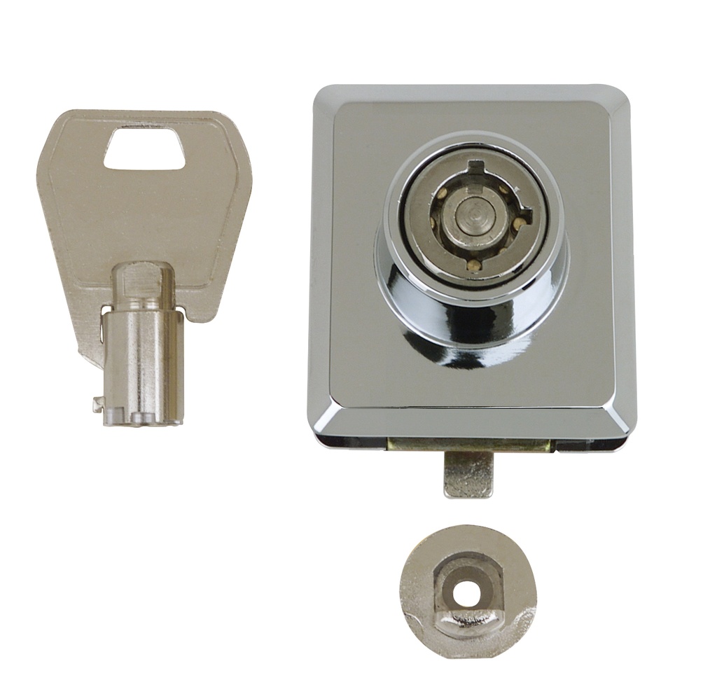 Serrure de vitrine à pêne autorétractable pour encoche M302 s'entrouvrant - Chromé brillant