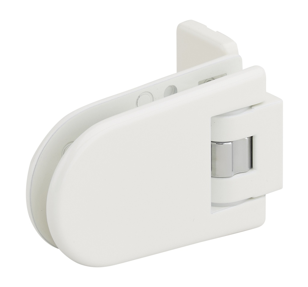 1 charnière simple Maréva réglable pour verre ép: 6 et 8mm platine de fixation à 2 trous - Laqué blanc RAL 9010