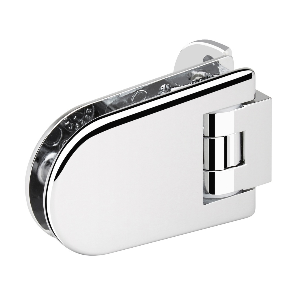 1 charnière simple Maréva réglable pour verre ép: 6 et 8mm patine de fixation à 3 trous - Chromé brillant