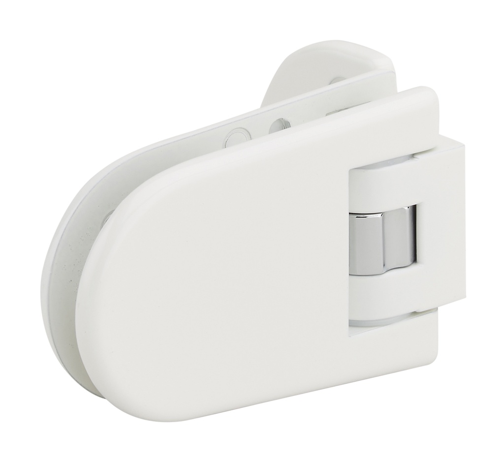 1 charnière simple Maréva réglable pour verre ép: 6 et 8mm patine de fixation à 3 trous - Laqué blanc RAL 9010