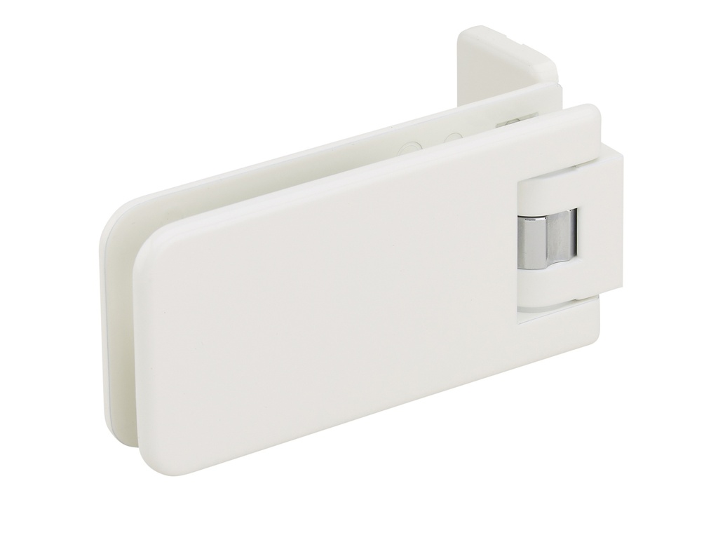 1 charnière simple Marine réglable pour verre ép: 8 et 10mm platine de fixation à 3 trous - Laqué blanc RAL 9010