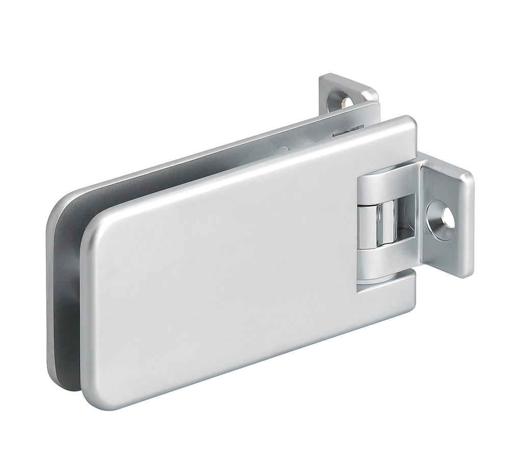 1 charnière simple Marine réglable pour verre ép: 8 et 10mm platine de fixation à 3 trous - Chromé mat