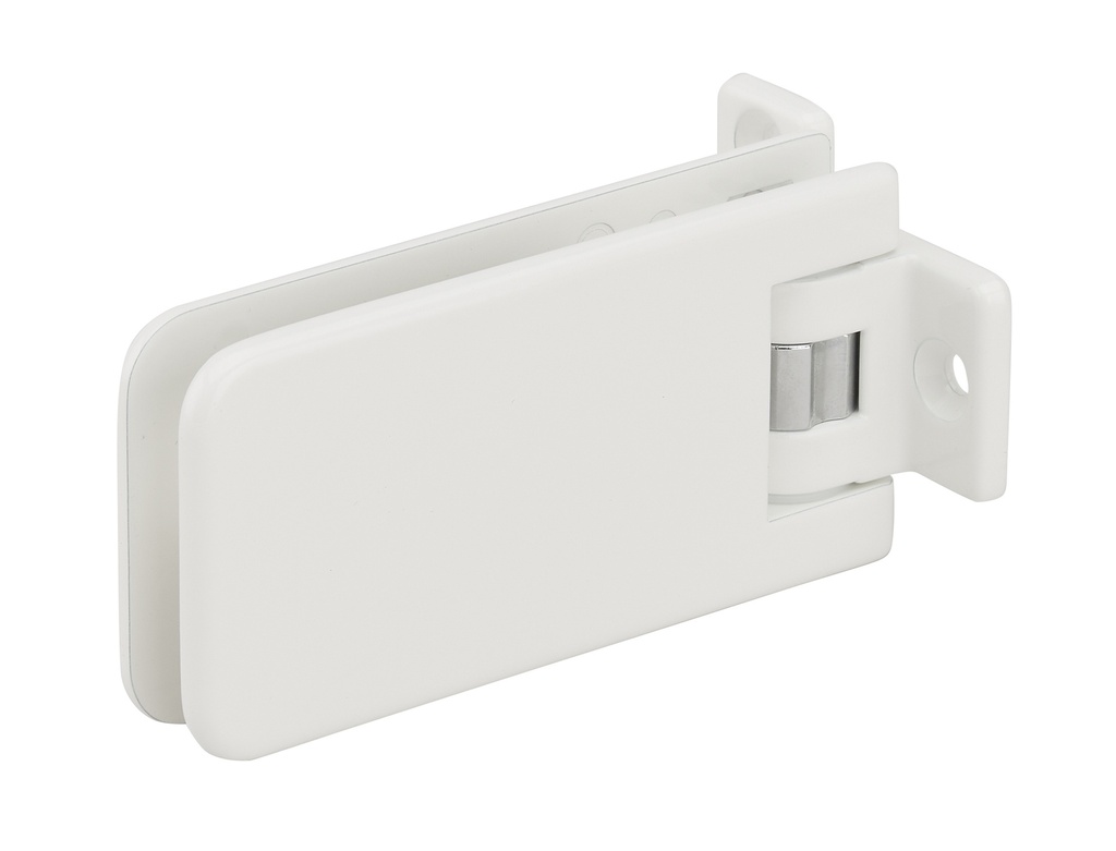1 charnière simple Marine réglable pour verre ép: 8 et 10mm platine de fixation à 3 trous - Laqué blanc RAL 9010