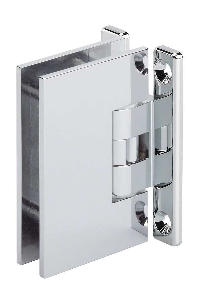 1 charnière simple Mélora SQ réglable platine à 4 trous verre 8/10 et 12mm - Chromé brillant