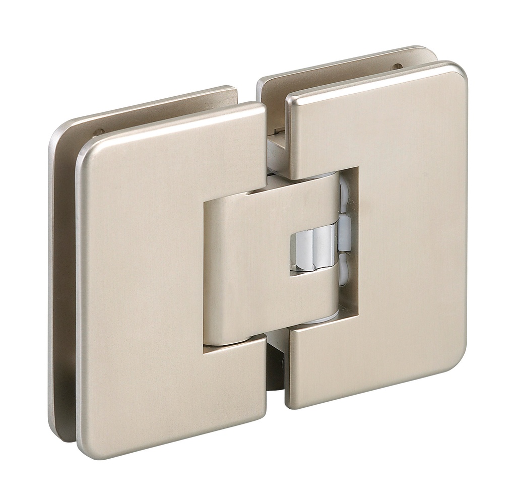 1 charnière double Mélora réglable verre 8/10 et 12mm avec cache vis - Effet inox