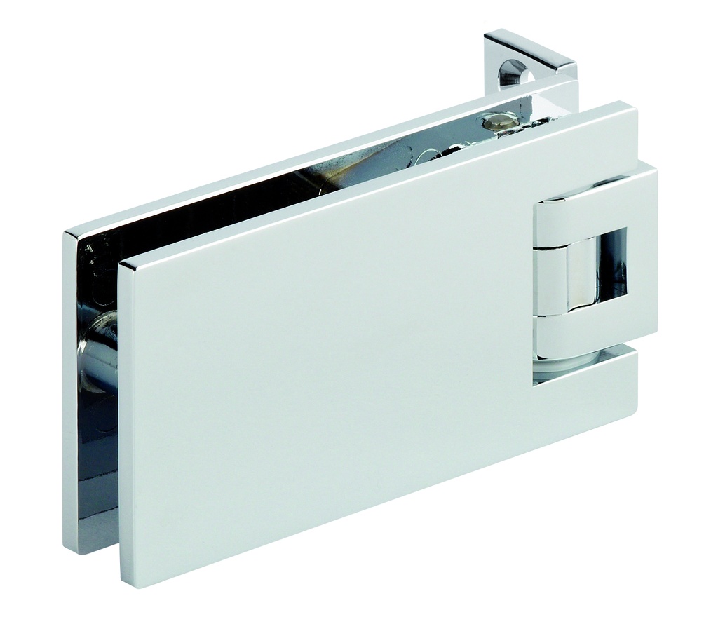 1 charnière simple Marine SQ réglable pour verre ép: 8 et 10mm platine de fixation à 2 trous - Chromé brillant