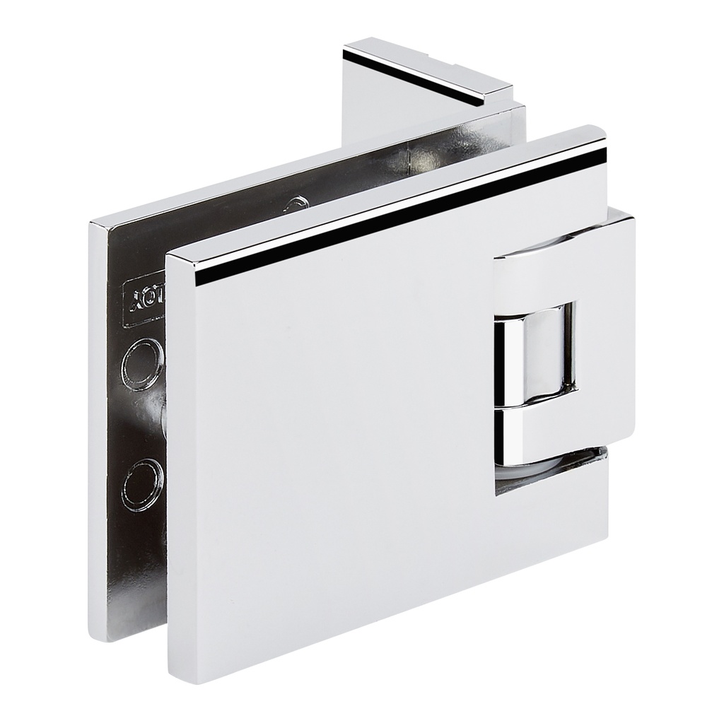 1 charnière simple Carréa réglable pour verre ép: 8 et 10mm platine de fixation à 3 trous - Chromé brillant