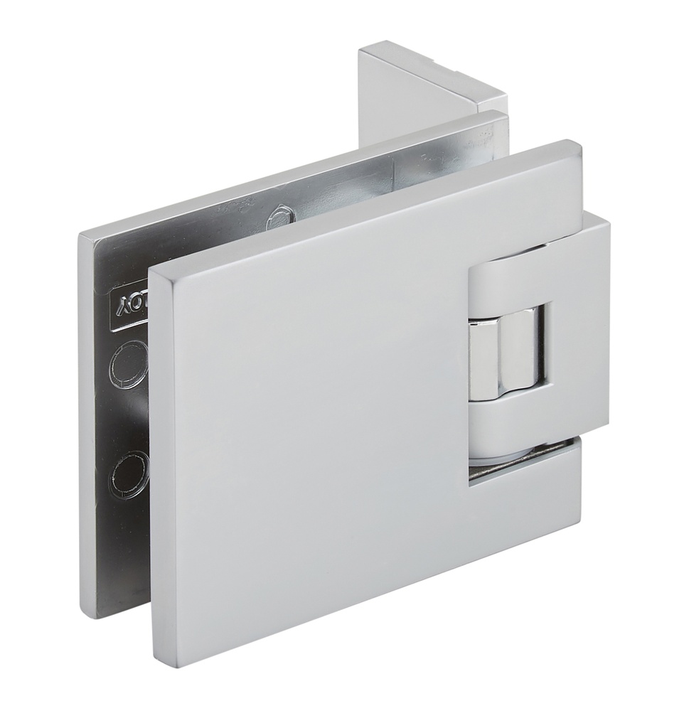 1 charnière simple Carréa réglable pour verre ép: 8 et 10mm platine de fixation à 3 trous - Chromé mat