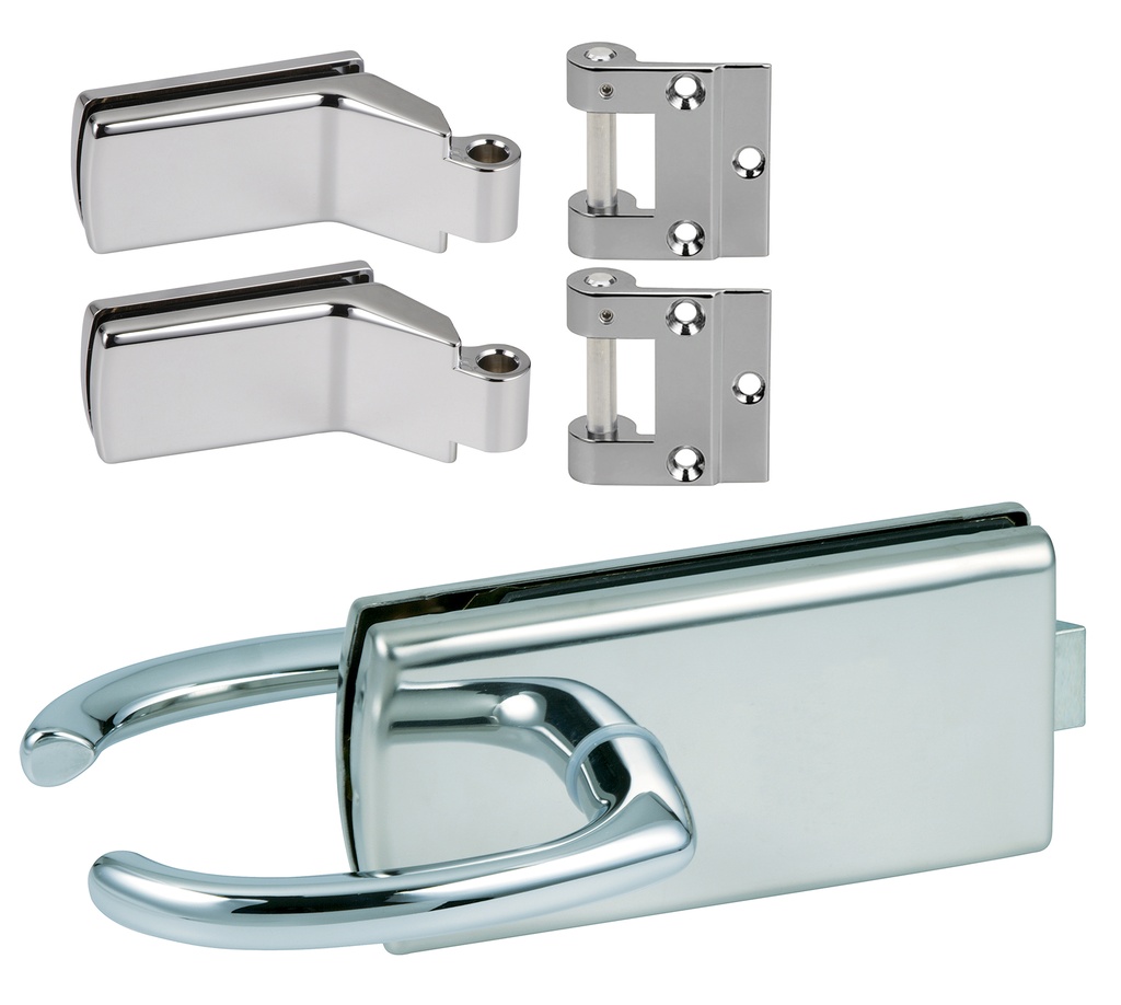 1 Kit Lagune une porte/une boîte  : 1 serrure 4301, 2 paumelles 4200 et 2 fiches 3206 - Chromé brillant