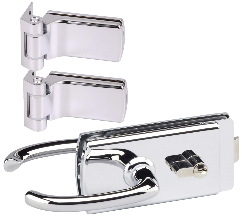 1 Kit Lagune une porte/une boîte  : 1 serrure 4360, 2 paumelles/fiches 4203 - Chromé brillant