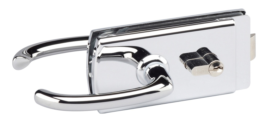 Serrure de milieu Lagune à barillet et béquilles avec déport, pêne axé pour verre ép:10mm - Chromé brillant