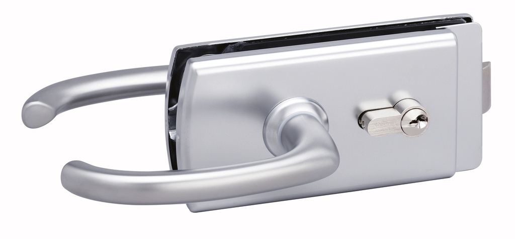 Serrure de milieu Lagune à barillet et béquilles avec déport, pêne axé pour verre ép:8mm s'entrouvrant - Chromé mat