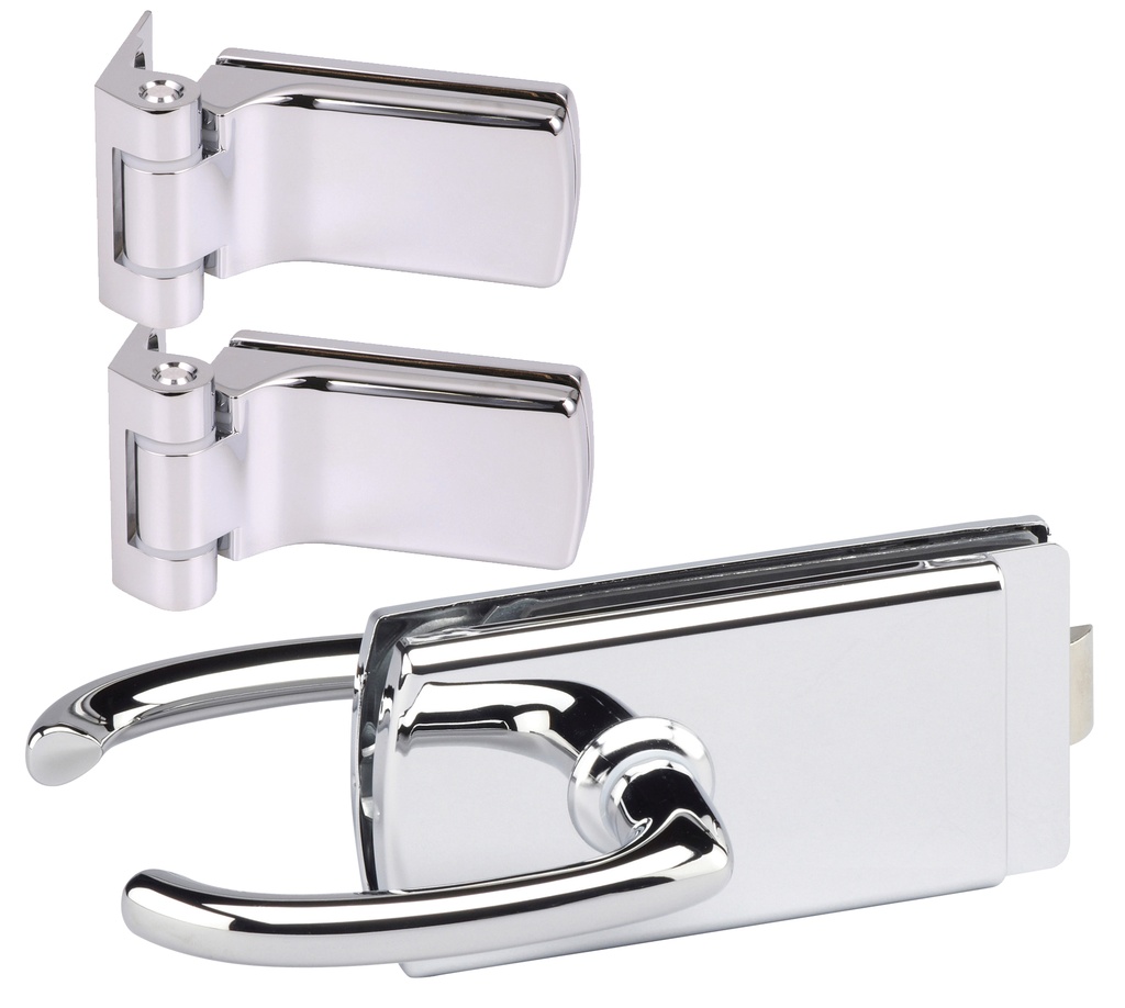 1 Kit Lagune une porte/une boîte  : 1 serrure 4361, 2 paumelles/fiches 4203 pour verre ép:8mm - Chromé brillant