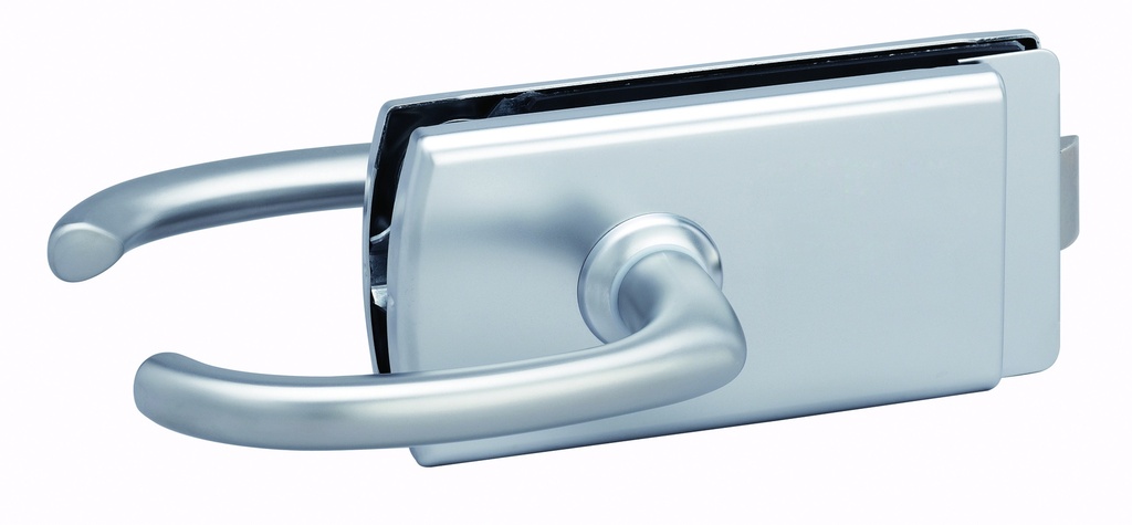 Serrure de milieu Lagune bec de cane et béquilles avec déport, pêne axé pour verre ép:8mm - Chromé mat