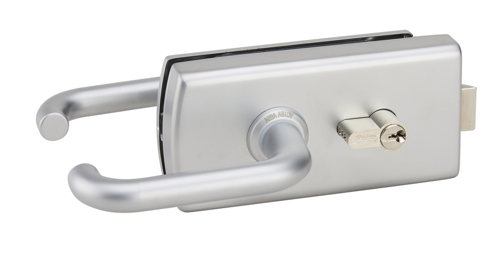 Serrure de milieu Lagune à barillet et béquilles avec déport, pêne désaxé pour verre de 8mm - Chromé mat