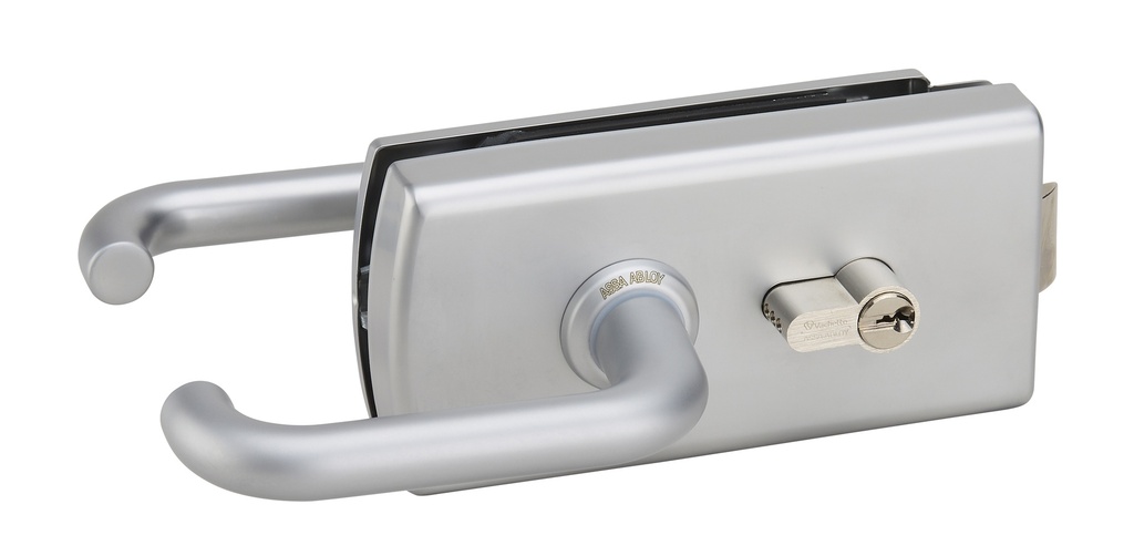 Serrure de milieu Lagune à barillet et béquilles avec déport, pêne désaxé pour verre de 10mm - Chromé mat