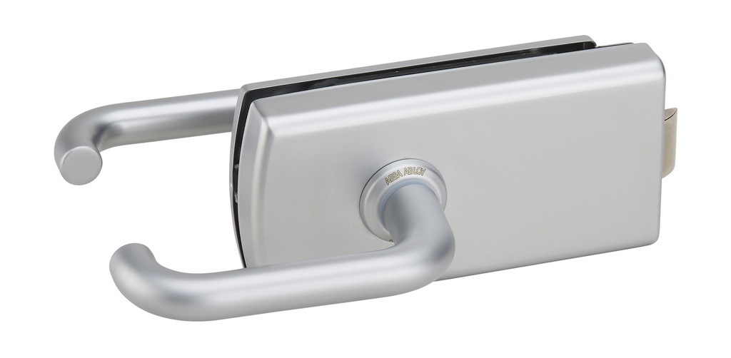 Serrure de milieu Lagune bec de cane et béquilles avec déport, pêne désaxé  pour verre de 8mm - Chromé mat