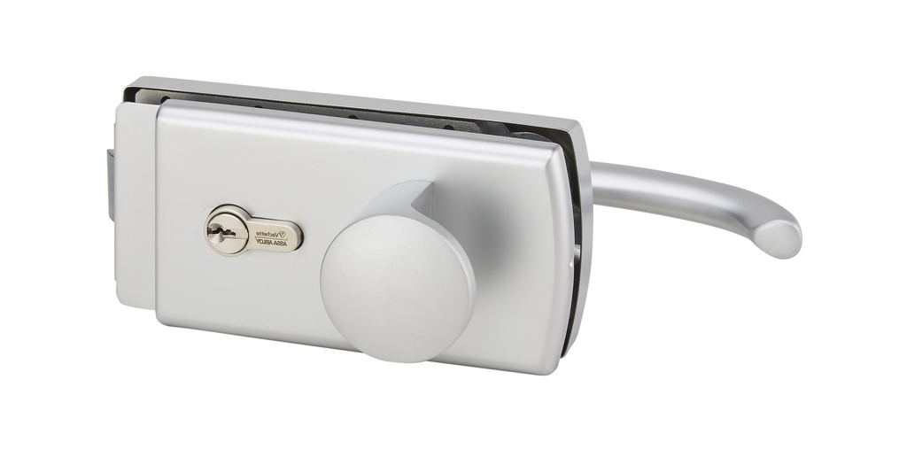 Serrure Lagune à cylindre avec 1 béquille et 1 bouton fixe, avec déport, pêne désaxé pour verre de 8mm - Chromé mat