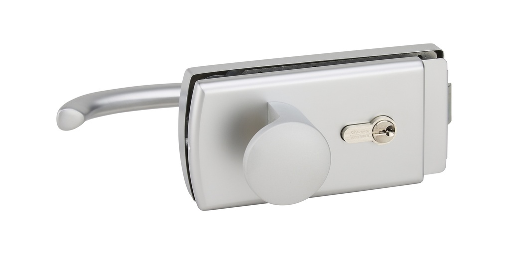 Serrure Lagune à cylindre avec 1 béquille et 1 bouton fixe, avec déport, pêne désaxé pour verre de 8mm - Chromé mat